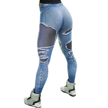 2019 Jeans Impressão Leggings Colocar Hip Elástico De Cintura Alta Legging Respirável Calças Slim