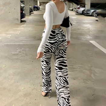 InstaHot de Mulheres de Calça Flare Animal Impresso Cintura Alta Outono Streetwear Calças 2020 Moda Soft Feminino Listrado Pantalones
