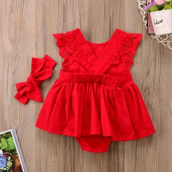 2020 Bebê Recém-nascido Meninas Plissado Vermelho Laço de Natal Bodysuits Vestido de Macacão de Roupas TuTu Vestir+Bandana Vermelha Conjuntos de Presente 0-24M