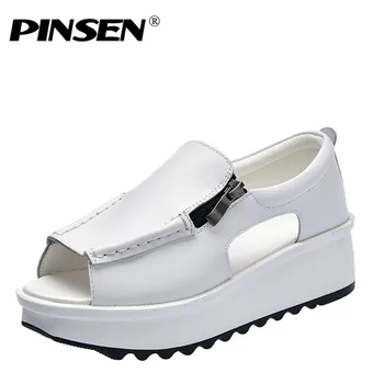 PINSEN 2020 Moda Verão as Mulheres Sandálias Cunhas de Senhoras Sandálias de Dedo do pé Aberto Rodada Toe Zíper Prata Branco Plataforma Sandálias Sapatos