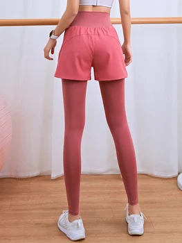 Lusure falso de duas peças, leggings mulheres de treinamento respirável nádegas trecho calças de yoga execução de fitness esportes de calças de outono