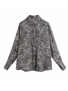 PSEEWE Za Mulheres mais Vintage Leopard Blusa de Cetim Mulher de Colarinho Botão de Camisa de Manga Longa Oculto Carcela de Queda Elegante Blusa
