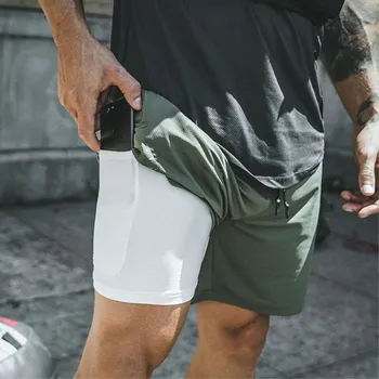2020 dupla camada de cor sólida shorts masculinos muscular irmão de tamanho grande de fitness, esportes e casual calças shorts de fitness bolso interno