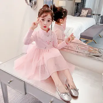 Meninas Cheongsam vestidos de 2019 new Kids algodão de manga comprida Bordada de flor vestido para Bebê menina princesa de malha Roupas borboleta