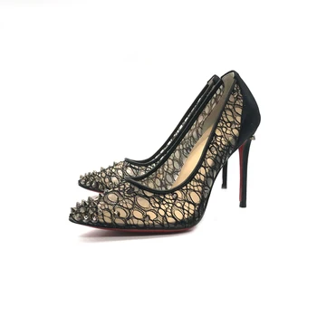 Yuerui Laço Preto de Malha de Ar Rebites de Luxo Precioso Temperamento Sapatos femininos de Bombas 6.5-12CM Banquete de Casamento 34-m 43 s Sapatos femininos