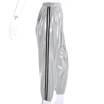 Faixa Metalizado Brilhante Jogger Calças Para Mulheres Casuais Hip Hop Cintura Alta Streetwear Elástico Calças De Moletom