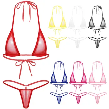 Womens Lingerie Exótica Conjuntos de Ver através de Triângulo Bikini Swimwear de Dormir Sissy Ocos Lace-up Sutiã com Calcinhas Tangas