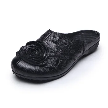 BeckyWalk de Couro Genuíno Sapatos Mulheres Sandálias, Chinelos de Dedo Fechado Verão as Mulheres Sapatos de Cut-Out de Flores feitas à mão Slides WSH2946