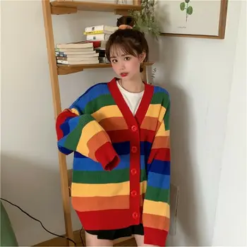 Korean Ins Harajuku Women Loose Cardigan Casual Women Jacket Autumn Sweet Rainbow Stripes Long-sleeved Knit Sweater