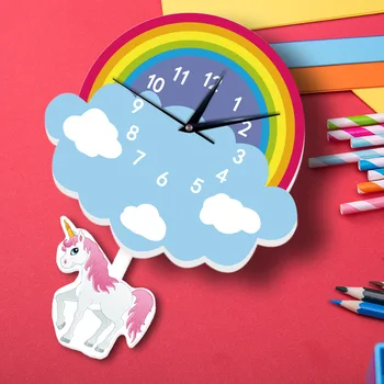 Cartoon Unicórnio Relógio De Parede De Quarto De Crianças Nuvem Arco-Íris Colorido Bonito Slient Animal Relógios De Pêndulo Do Relógio Do Quarto Do Bebê Decoração Arte