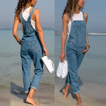 Moda feminina Jeans Calças Macacão Jeans Sólido Perna Reta Bolso Mulheres de Roupas Casuais Senhoras de Calças para as Mulheres Roupas