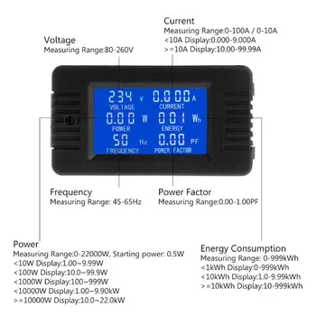 Digital AC 80~260V consumo de Energia Medidor de Tensão de Corrente KWh Medidor de Watt Voltímetro Amperímetro Indicador de 100A/10A