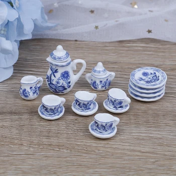 15PCS Flor Azul Patten Porcelana de Café, Copos de Chá de Cerâmica de Louça de Casa de Cozinha 1/12 Miniatura Acessórios