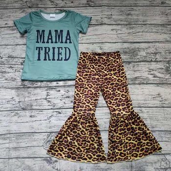 Frete grátis mama tentei imprimir short sleeve top de correspondência leopard sino inferior da calça roupa roupas de crianças da menina do bebê roupa de verão