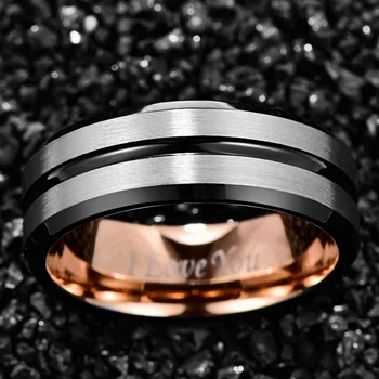 8mm de Carboneto de Tungstênio Anel Galvanizados Rosa de Ouro Anel Interno Preto Bisel Groove Aço Fosco Superfície do Aço de Tungstênio da Anel
