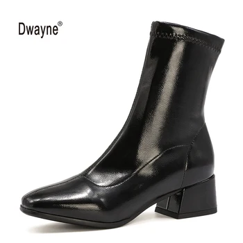 Mulheres ankle boots 2020 moda de nova slip-on baixa de calcanhar, dedo do pé quadrado elástico patente de couro outono inverno botas de mulheres de tamanho grande 34-43