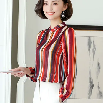Nova primavera 2019 v-neck chiffon womens tops femininos mangas compridas impressão moda causal mulheres blusa camisas listradas blusas de 1859 50