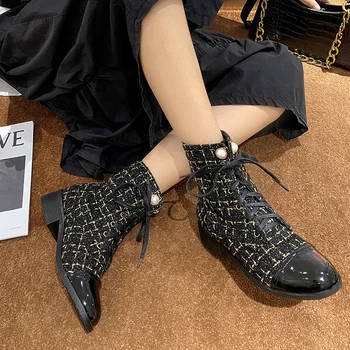 Verificada Tweed Quadrado de Pano Moda Botas femininas Pequenas Fragrância de Estilo Pérola Lace-up Sapatos de Algodão Fantasia Adequando as Ankle Boots