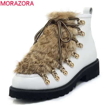 MORAZORA 2020 qualidade superior de couro genuíno tornozelo botas para mulheres rodada toe rendas até o outono inverno botas praça saltos de sapatos de mulher