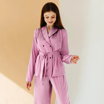 HECHAN Azul Preto Retalhos de Pijamas para Mulheres Com Folhas de Manga Longa, Calças Soltas de 2 peças do Conjunto de Home Wear Feminino Conjuntos de Terno Casual