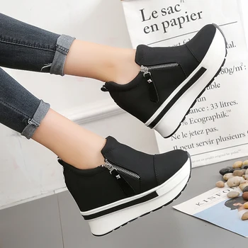 Nova Primavera 2019 Mulheres Cunha Sapatos Casuais Zíper Aumento Da Altura Do Respirável Mulheres Negras Verão Andando Flats Formadores De Sapatos