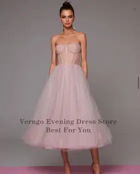 Verngo Rosa Empoeirado/Lavanda/Azul Marinho e Uma Linha de Tulle Curto Prom Vestidos de 2021 Querida Pura Desossa de Chá de comprimento Vestidos de Festa Formal