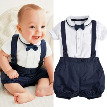 Novo Bebê, Criança Conjuntos de Vestuário Gentalman T-shirt Tops + Jardineiras, Calças Macacão + Laço 3PCS Roupa Outwear Azul 12 18 24 Meses