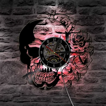 Crânio Com Rose Vintage disco de Vinil Relógio de Parede Com LED de luz de fundo Hippie Crânio Moderno Pendurado na Parede de Iluminação Decorativa