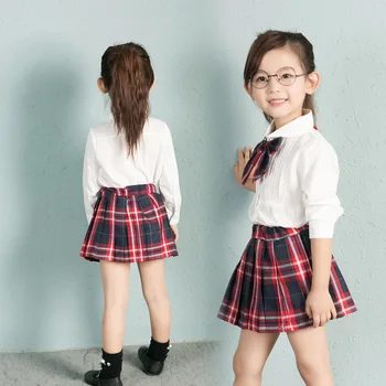 Criança Menina Roupas de Outono Bowie Camisas Manga Longa +Saia Plissada xadrez Moda Bebê, Vestidos de Idade 2T 3 4 5 6 7 8 Anos de Idade