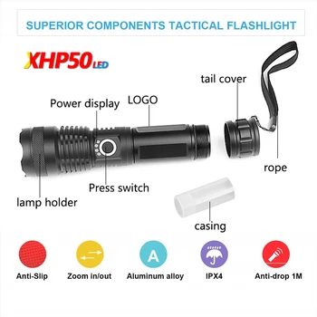 XHP70 Lanterna LED USB Rechargeble XHP50 DIODO emissor de luz Tocha Zoomable Lanterna Tática Lanterna Usam 18650 Bateria 26650 Bateria Recarregável