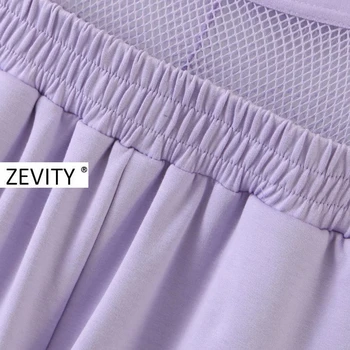 Zevity Mulheres Novas de moda malha com costura de cor roxa reta calças femme cintura elástica de lazer Calças chiques bolsos de calças P896