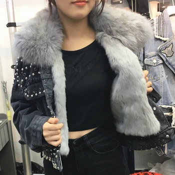 Pele de raposa rebite cortada jaqueta jeans coreano jaqueta jeans mulheres da moda casacos de 2019 novo inverno grossa solta veste femme