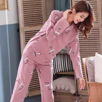 Pijama Conjuntos De Manga Longa, Mulheres De Outono, Pijamas Impresso Solta Estilo Coreano Moderno, Elegante E Simples Das Mulheres Pijamas De Lazer Outerwear