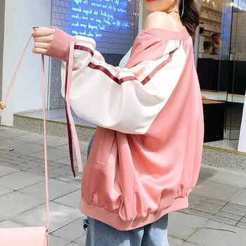 Jaqueta as Mulheres de cor-de-Rosa Roupas de Retalhos de Tamanho Mais Solto e Casual Kawaii Roupas das Mulheres casacos e Jaquetas de Harajuku Novidade Streetwear