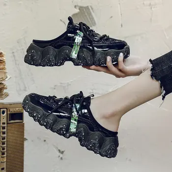 2020 Novas Mulheres Plataforma Robusta de Tênis Mulher Lace-up Casual Vulcanizar Sapatos de Luxo de Malha Respirável Moda Feminina Chinelos de quarto