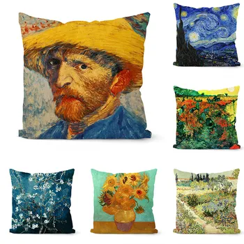 1 Pcs Van Gogh Óleo de Auto-retrato Céu Estrelado de Impressão Fronha Pintura Capa de Almofada de Sofá de Casa, Almofadas Decorativas Cobre Girassol