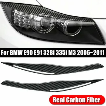 A Fibra de carbono Farol Pálpebra Sobrancelha Tampa Adesivos Guarnição Para BMW E90/E91 328i 335i 2006-2011