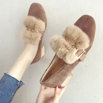 2018 nova retro pelúcia sapatos de pés quadrados confortável ervilhas sapatos de Lok Fu sapatos de senhoras único sapatos de pele de moda galochas