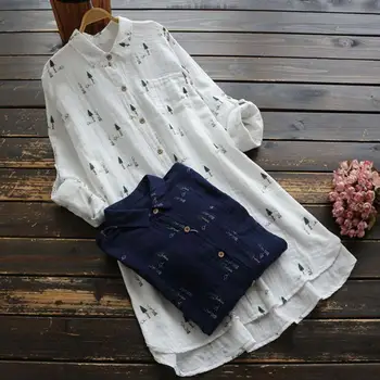 Nova primavera, outono mulheres virada para baixo de gola impresso blusa longa casual casaquinho de manga longa camisa de algodão tops