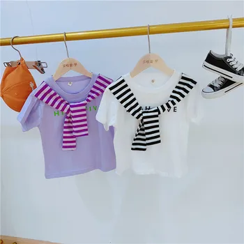 A criança de Meninas T-shirts Casual coreano Faixa de Costura de Mangas Curtas, Tops para o Menino Crianças Roupas de Verão Crianças do Bebê Tees 2020