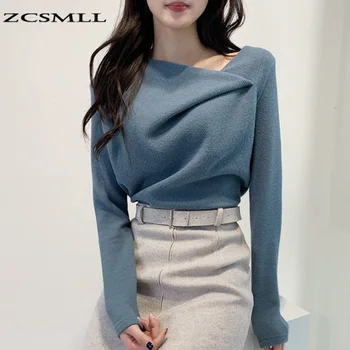 ZCSMLL Coreia Chique de Outono e Inverno Elegante Névoa Azul Design Sentido Oblíquo Gola Irregular de manga comprida Camisola Camisola das Mulheres