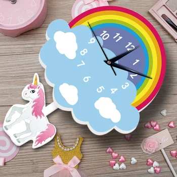 Cartoon Unicórnio Relógio De Parede De Quarto De Crianças Nuvem Arco-Íris Colorido Bonito Slient Animal Relógios De Pêndulo Do Relógio Do Quarto Do Bebê Decoração Arte