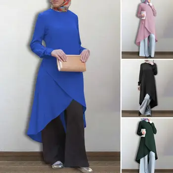Mulheres Irregular Blusa ZANZEA Vintage Muçulmano Tops Casual Camisas Manga Longa Feminina Sólido Blusas Femininas Sólido Túnica Plus Size