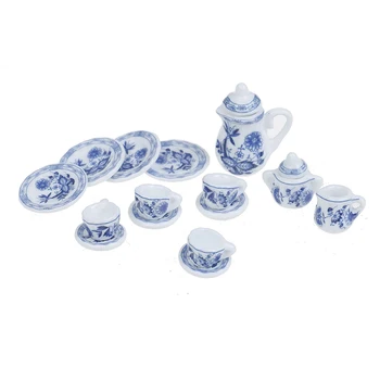 15PCS Flor Azul Patten Porcelana de Café, Copos de Chá de Cerâmica de Louça de Casa de Cozinha 1/12 Miniatura Acessórios