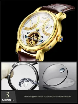 GUANQIN Turbilhão Relógio Mecânico dos Homens Automático, vidro de Safira Pulseira de Couro Impermeável Clássico de Ouro do Relógio de Pulso Reloj Hombre