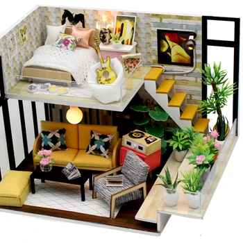 De madeira, de Casa de Boneca Miniaturas de Móveis para Casa, Brinquedos do Grande Diy Casa de bonecas de Natal em 3d de Madeira Casa Lâmpada de Cama, Brinquedos Para Crianças