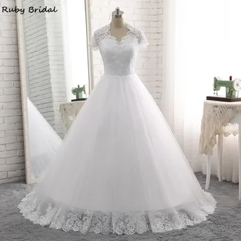 Ruby 2021 Imagem Real Elegante Vestido De Noiva Longo de Uma linha de Vestidos de Casamento Baratos de Tule Branco Apliques de Mangas Curtas PW7