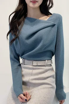 ZCSMLL Coreia Chique de Outono e Inverno Elegante Névoa Azul Design Sentido Oblíquo Gola Irregular de manga comprida Camisola Camisola das Mulheres