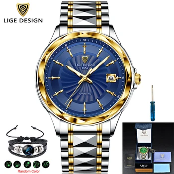 LIGE Original da Marca de Relógios de Pulso Mens Automático de Auto-Vento do Aço de Tungstênio Impermeável de Negócios Relógio Mecânico Relógio Masculino