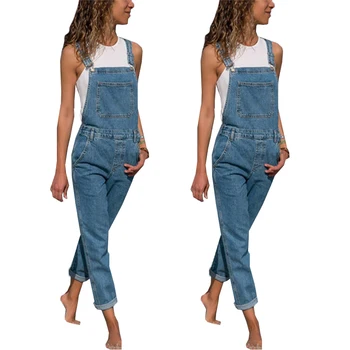 Moda feminina Jeans Calças Macacão Jeans Sólido Perna Reta Bolso Mulheres de Roupas Casuais Senhoras de Calças para as Mulheres Roupas